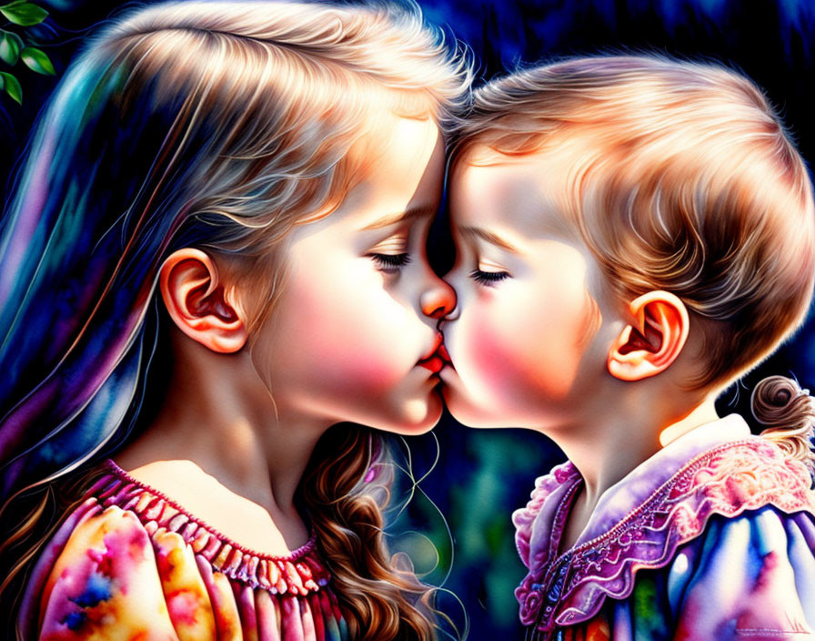 Young children touching noses in tender gesture against dark background