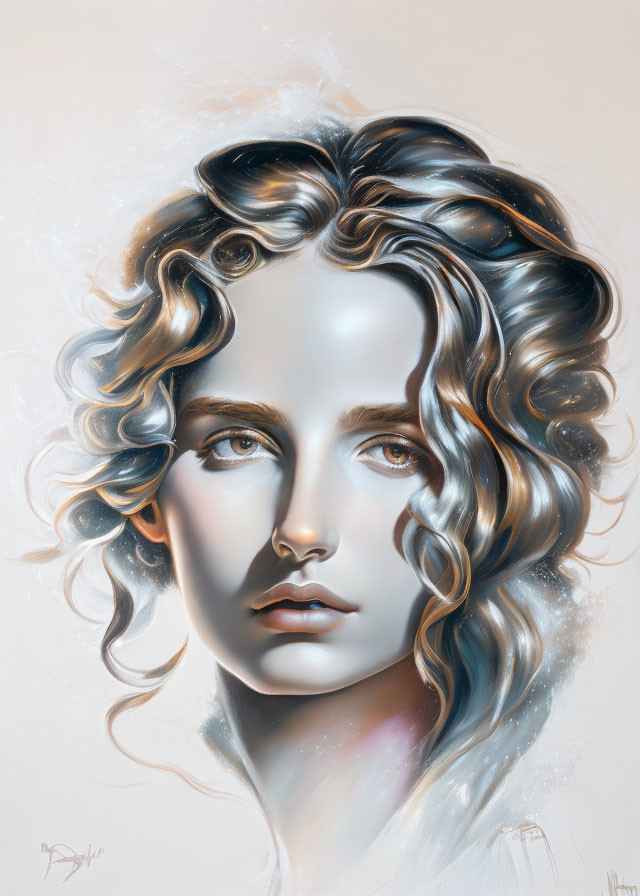 Detailed portrait of woman with curly hair and serene expression on light background