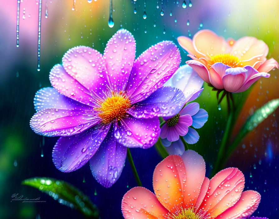 Colorful Flowers with Water Droplets on Blurred Background