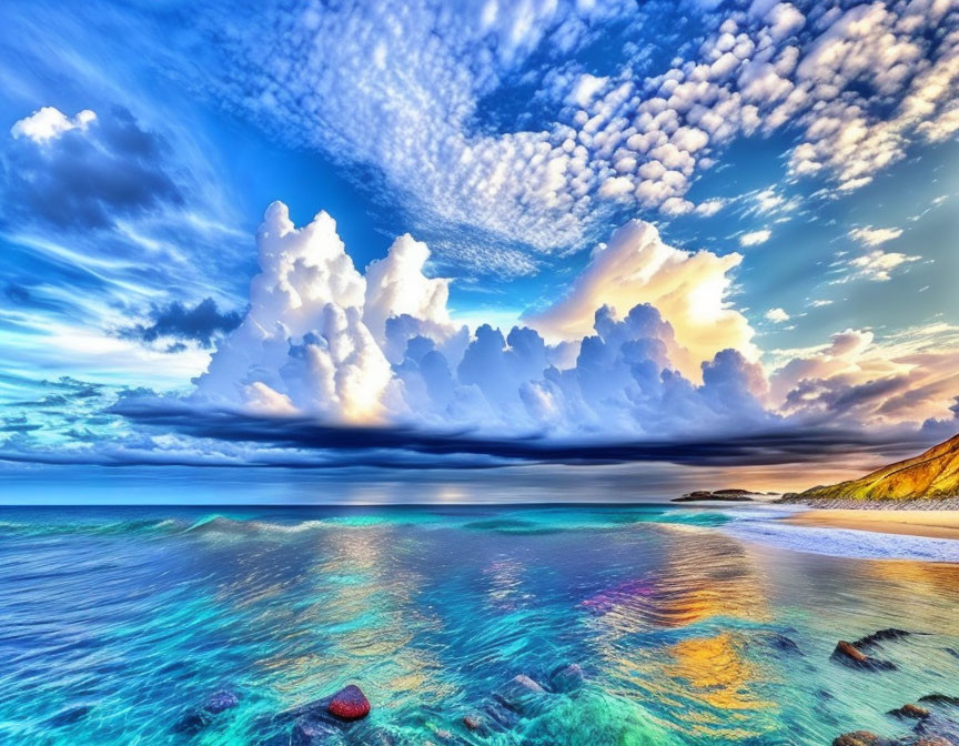 Colorful Beachscape: Vibrant Sky, Cumulus Clouds, Turquoise Water