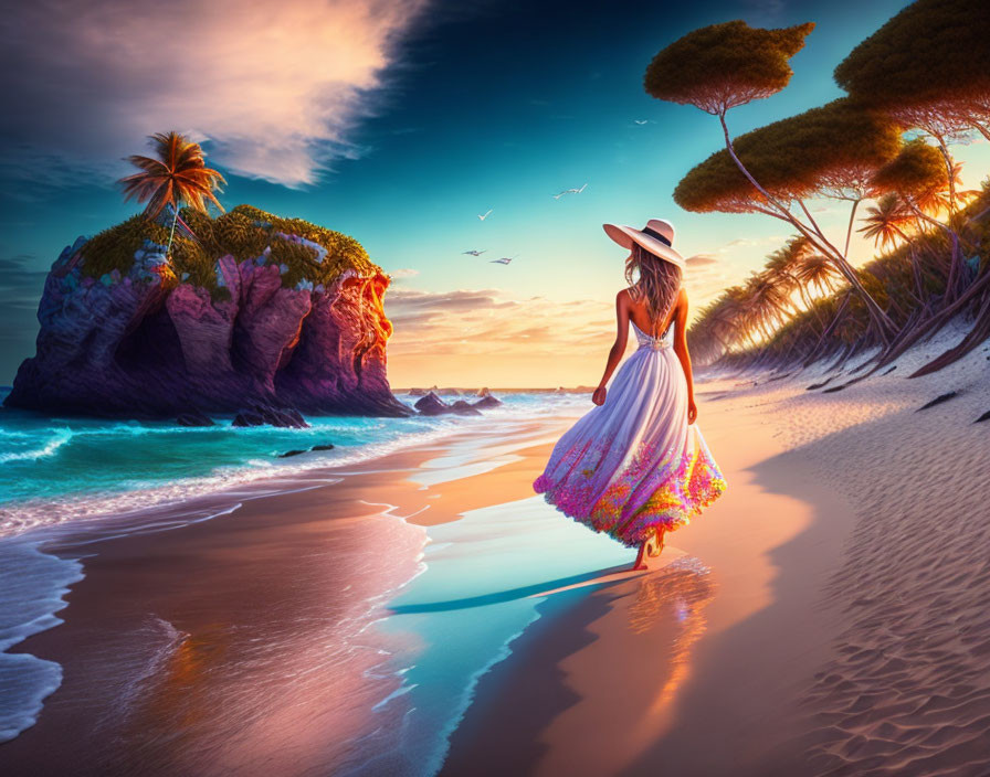 Woman in flowing dress walks on beach at sunset with colorful cliffs