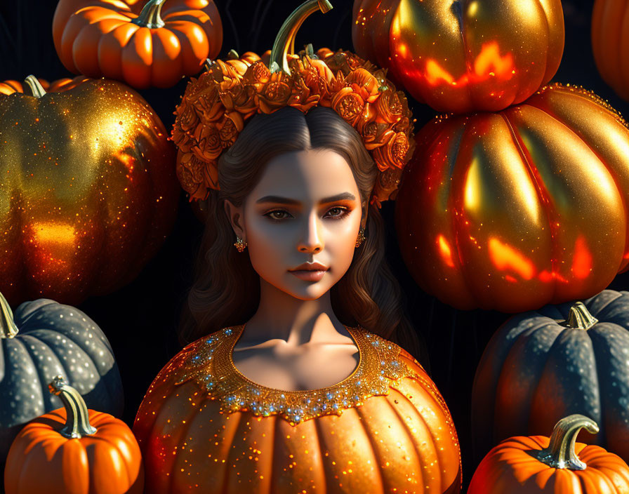 Digital art: Woman with autumn adornments among glowing pumpkins