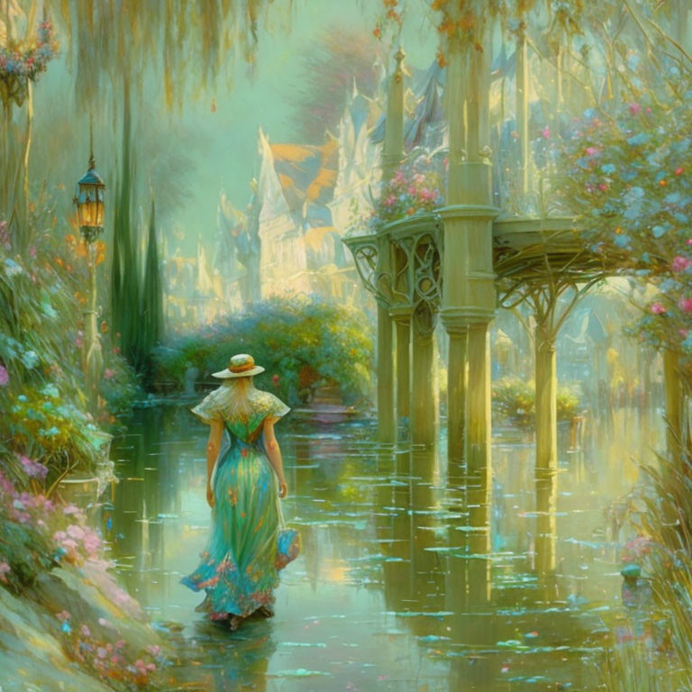 Woman in pastel dress and straw hat walking towards sunlit fantasy city by calm water