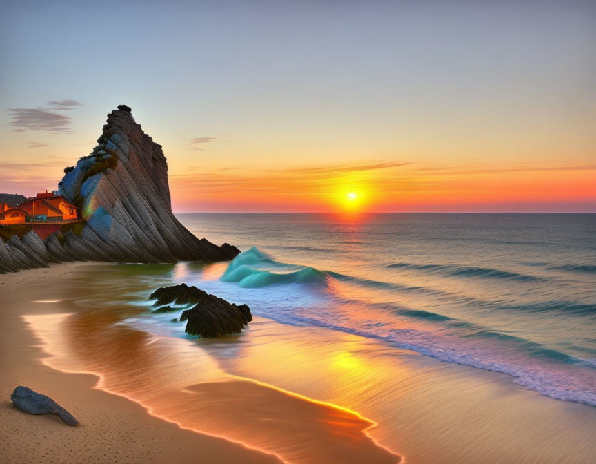 Scenic sunset beach view with cliff, waves, and houses.