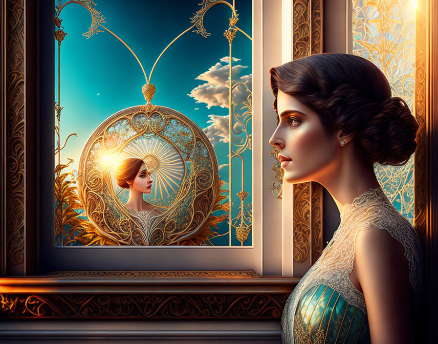 Vintage Hairstyle Woman Reflects in Ornate Art Nouveau Window