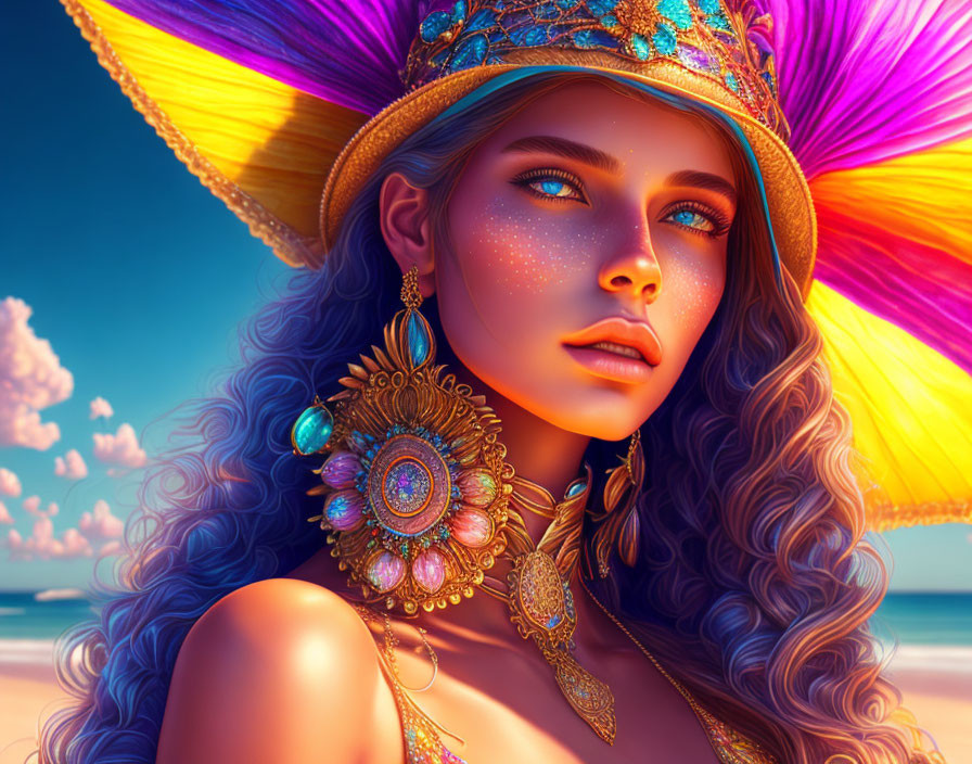 Colorful portrait of woman with blue eyes in sunhat and jewelry on beach