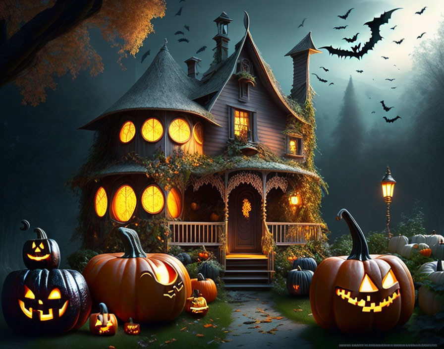 Spooky Halloween-themed illustration of a haunted house with glowing windows, jack-o'-lanterns,