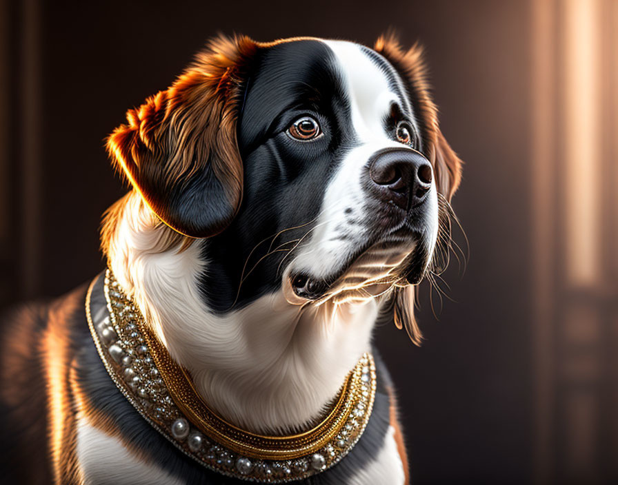 Regal Black and White Dog with Pearl Necklace on Warm Background