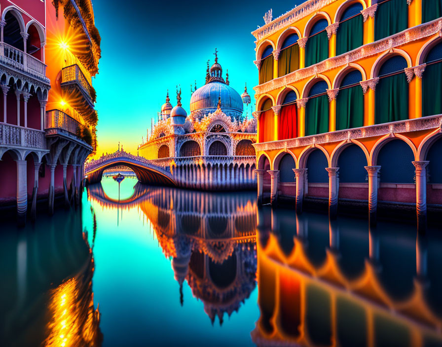 Venice canal scene with ornate buildings and bridge at twilight