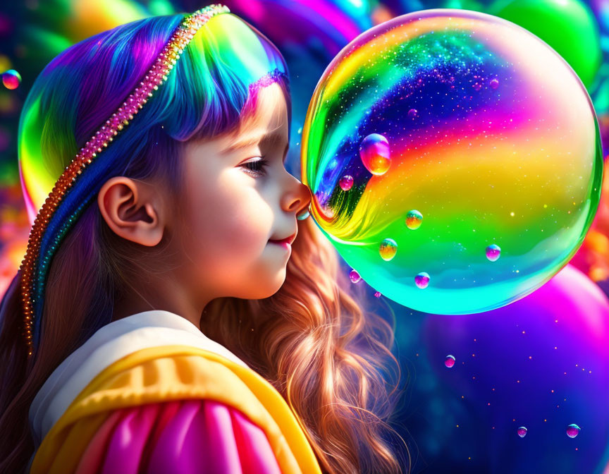 Colorfully dressed girl captivated by vibrant iridescent bubble