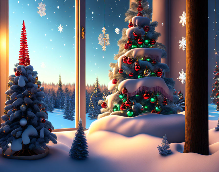 Festive Christmas scene with decorated trees and snowy landscape.