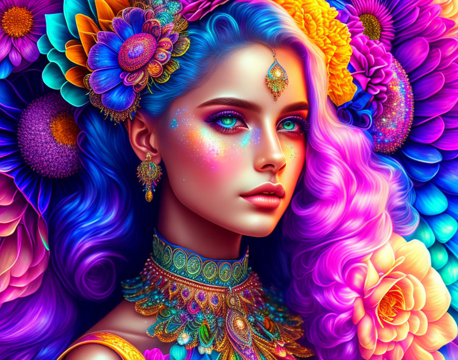 Colorful digital portrait of woman with multicolored hair, flowers, and intricate jewelry