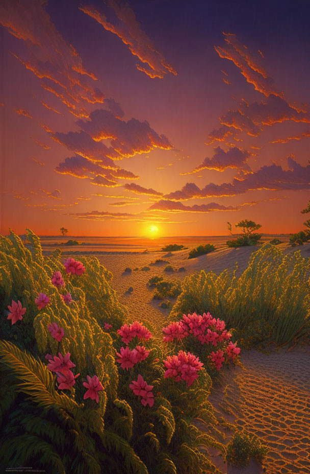 Scenic sunset over tranquil beach with pink flowers and greenery