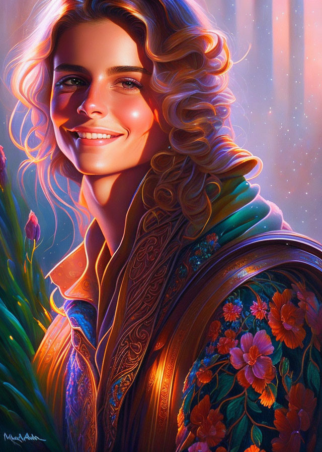 Smiling woman with curly blonde hair in embroidered jacket