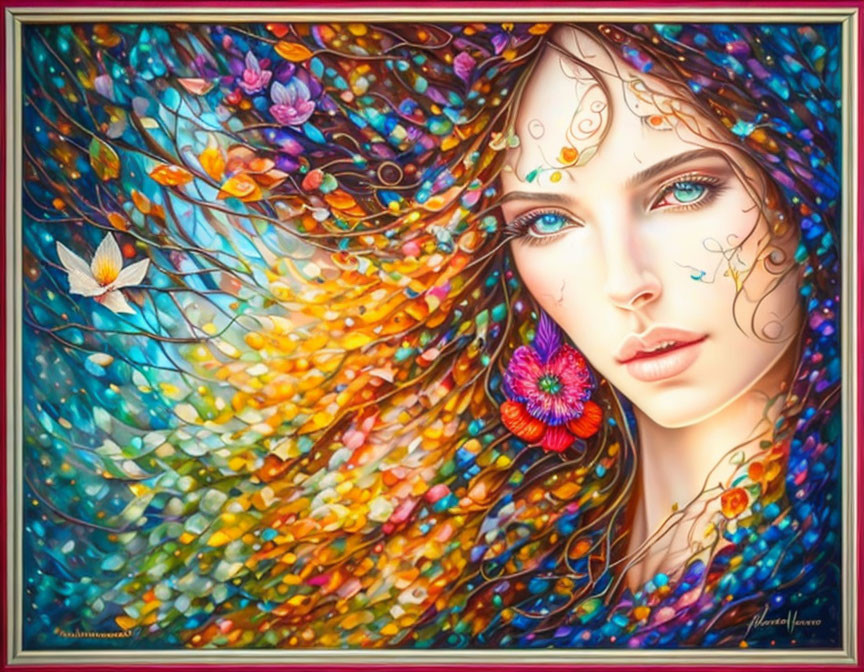 Colorful artwork of a woman with flowing hair and blue eyes