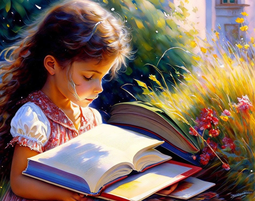 Young girl reading book surrounded by vibrant flowers