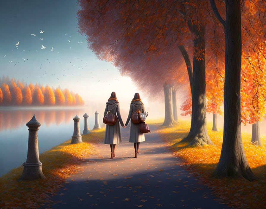 Autumn scene: Couple walking hand in hand by lake and orange trees