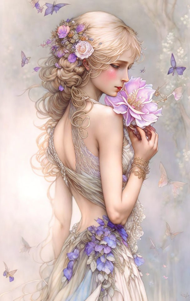 Ethereal woman with blonde hair and butterflies in delicate gown