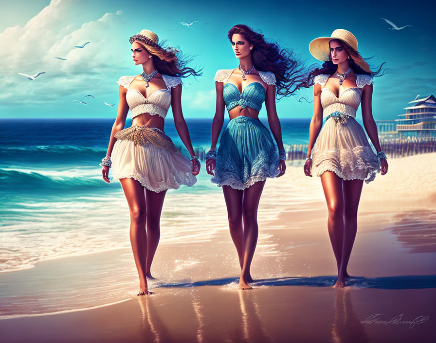 Three women in stylish beach attire walking by the shore with seagulls and a beach house.