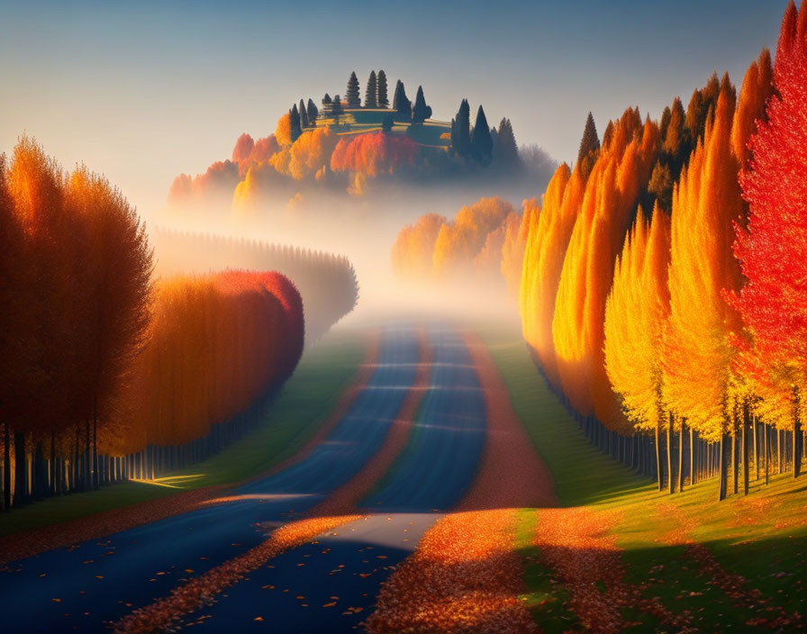 Tranquil autumn landscape with winding road and misty sunrise