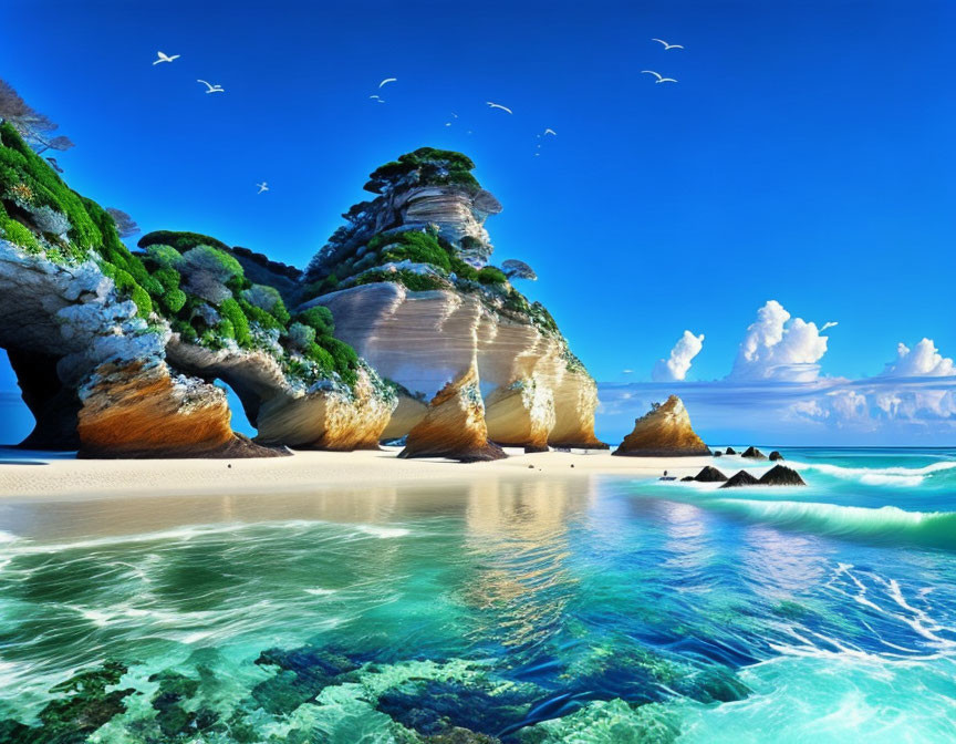 Scenic Tropical Beach with Clear Water and Unique Rock Formations