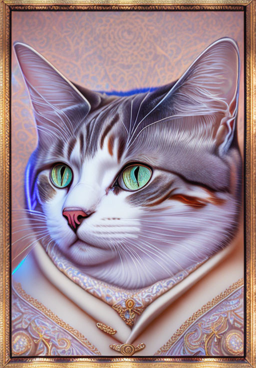 Stylized portrait of a cat with multicolored eyes on patterned background