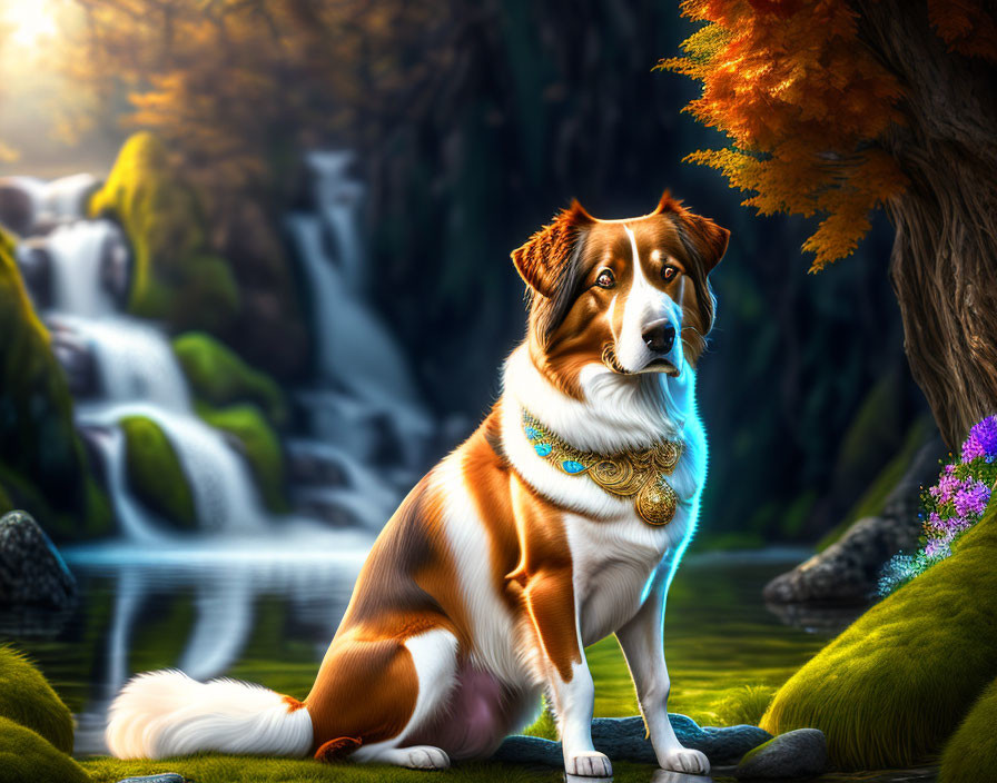 Brown and White Dog with Necklace by River and Waterfalls