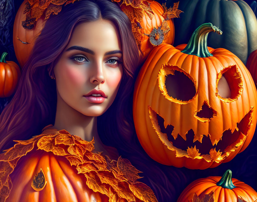 Woman with Blue Eyes and Dark Hair Among Carved Pumpkins and Autumn Leaves