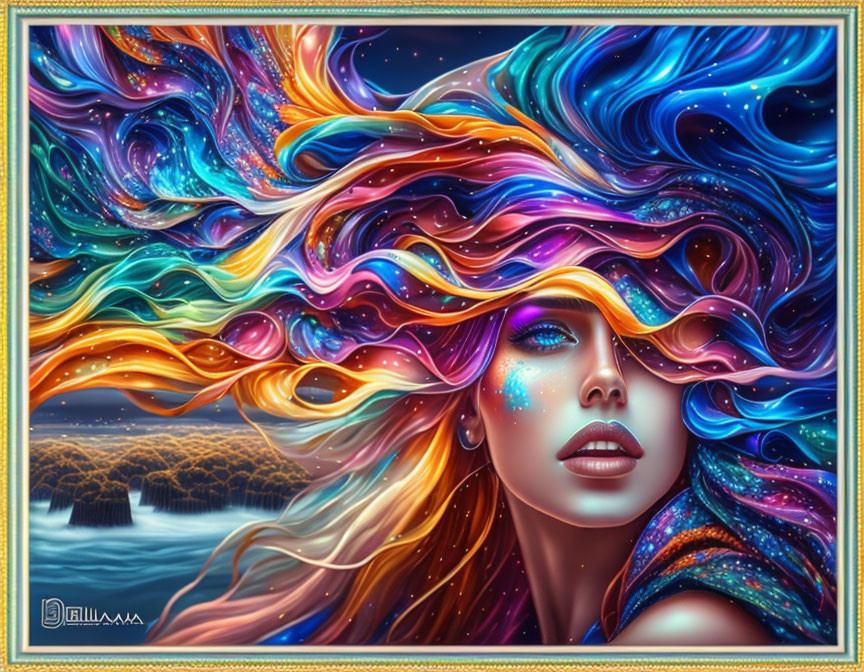 Colorful digital artwork of woman with flowing hair in cosmic landscape