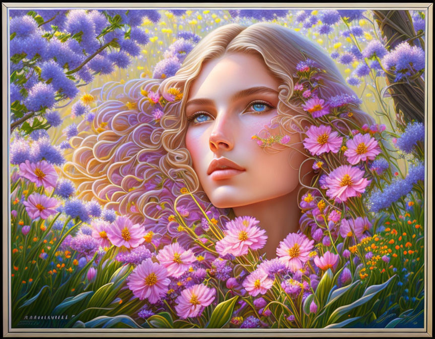 Blonde woman surrounded by purple and pink flowers in soft light