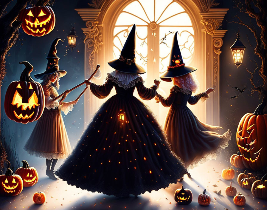 Three witches at ornate gate with jack-o'-lanterns in spooky Halloween scene