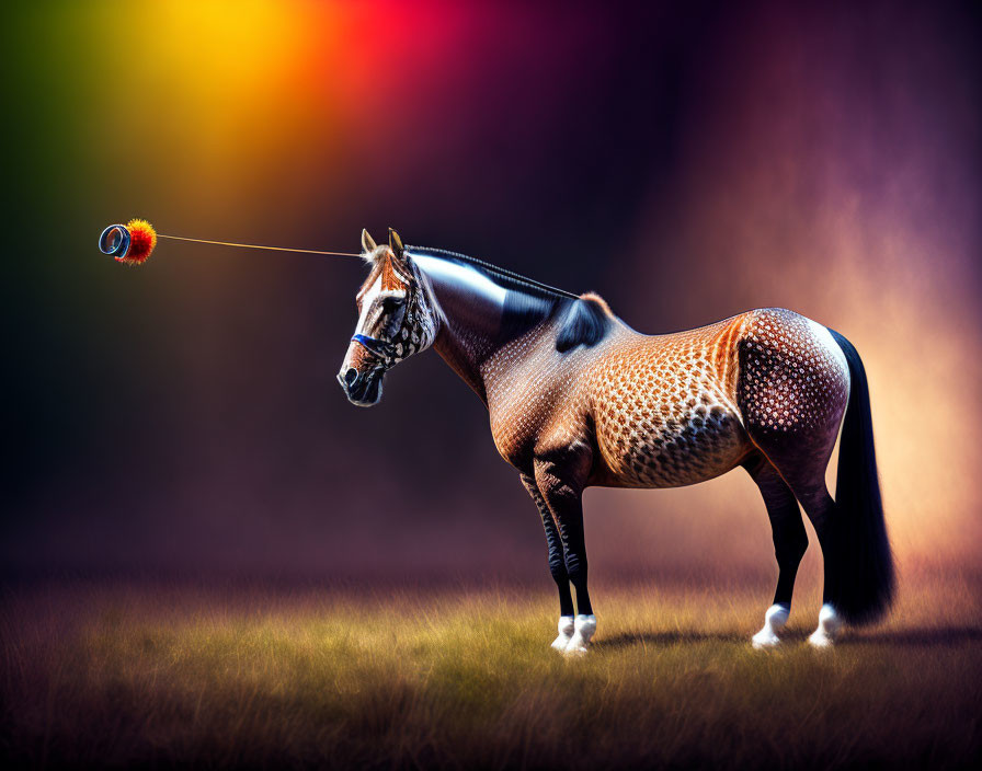 Stylized dotted coat horse on colorful gradient background with floating orb bridle