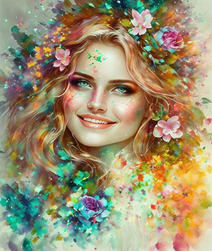 Colorful portrait of smiling woman with blond hair and floral elements.