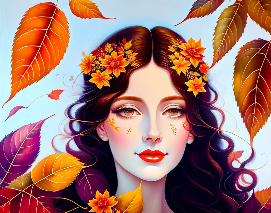 Vibrant portrait of a woman with autumn leaves and floral headpiece