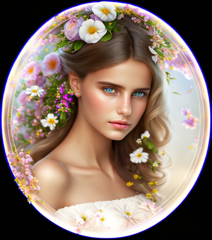 Digital portrait of woman with blue eyes and floral halo on dark background