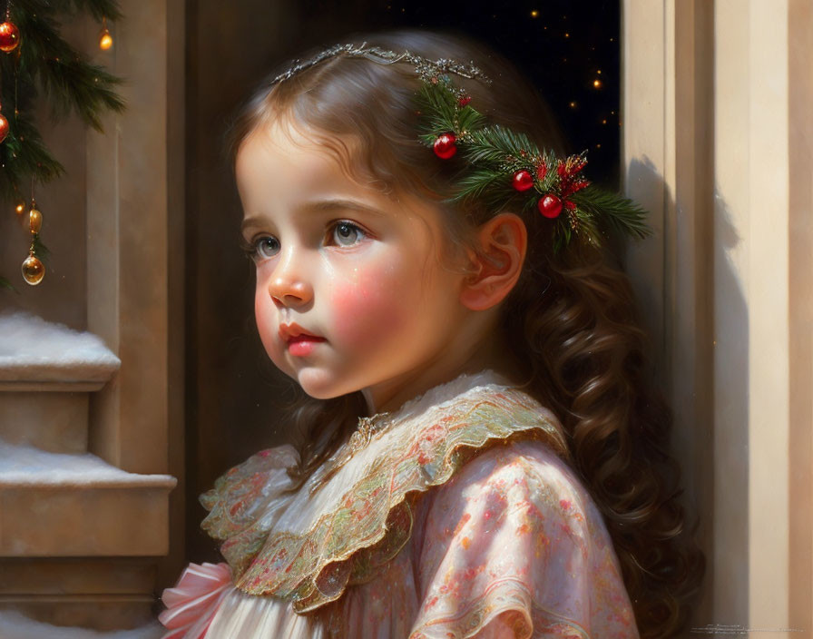 Young girl with festive wreath gazes out window under Christmas lights