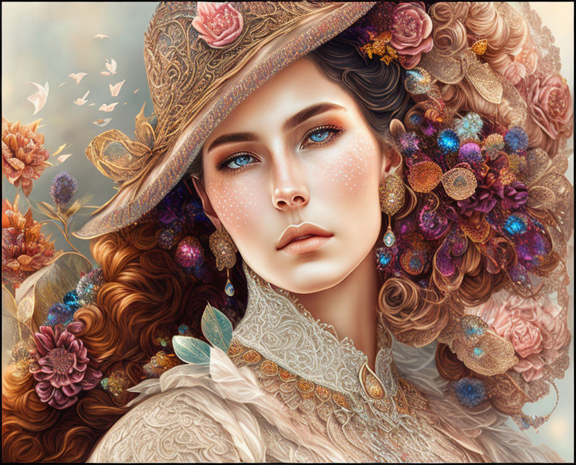 Portrait of woman with floral headgear, blue eyes, freckles, auburn hair in