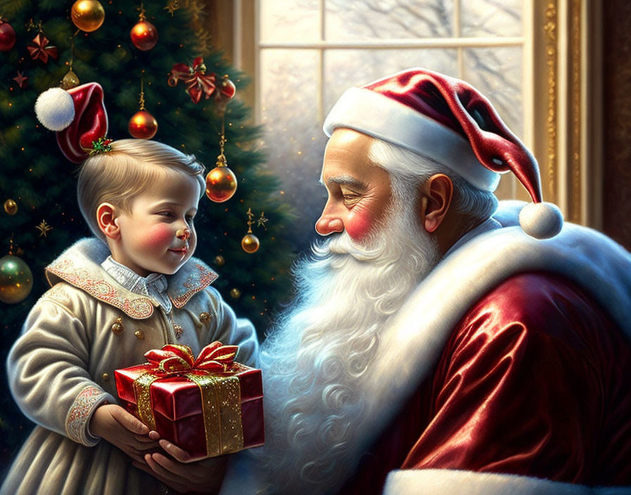 Santa Claus giving gift to child by window with snow view and Christmas decor.