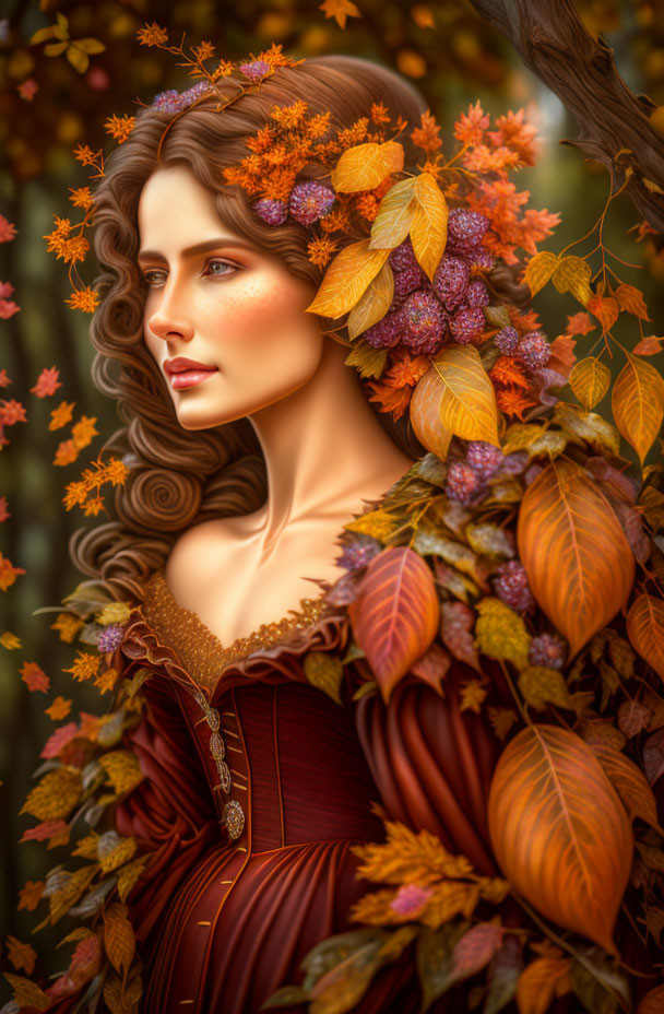 Woman with Autumn Leaves in Hair and Leaf-Themed Dress evoking Fall Season