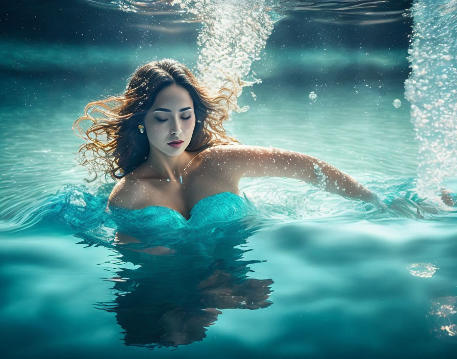 Woman with flowing hair swimming underwater in serene scene