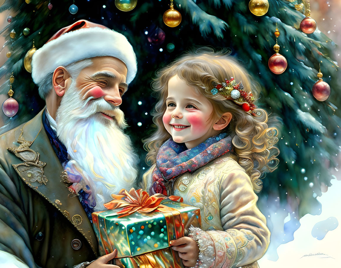 Santa Claus and girl by Christmas tree with gift box