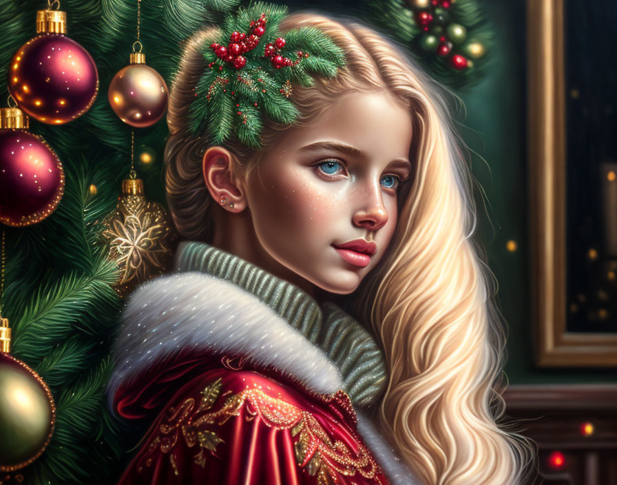 Blonde girl with holly in hair, red cape, by Christmas tree