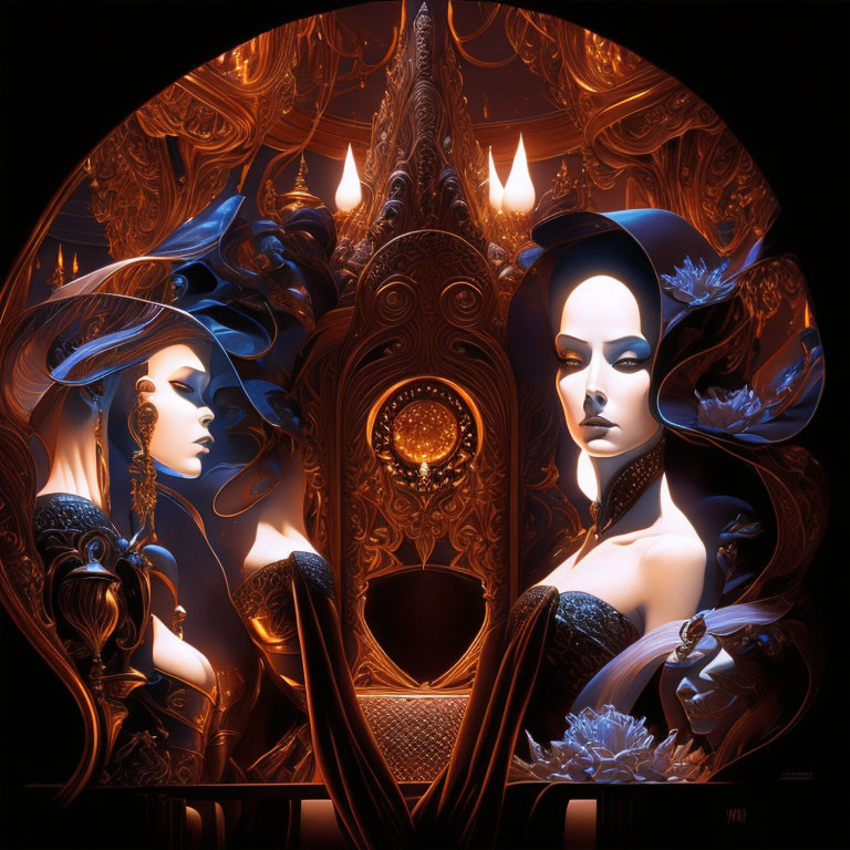 Symmetrical digital artwork of mirrored female figures with elaborate hairstyles