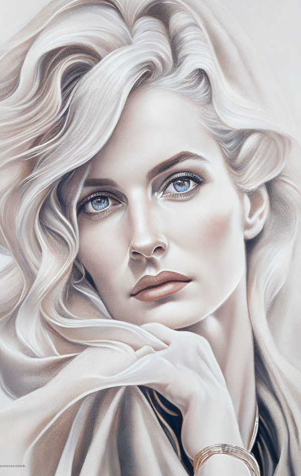 Detailed portrait of woman with blonde hair, blue eyes, and contemplative expression