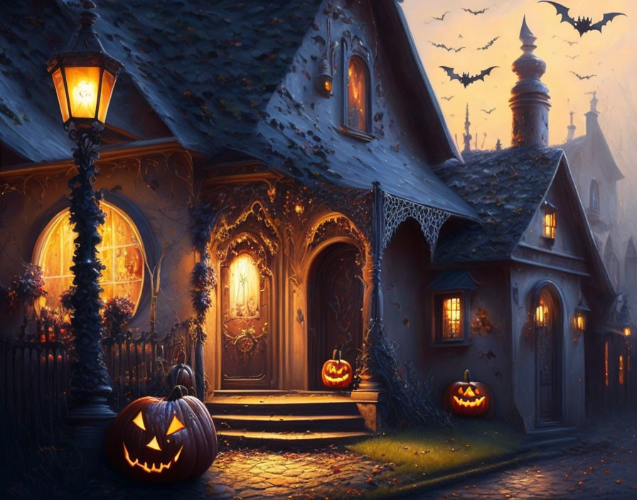 Cozy Halloween house with carved pumpkins and bat decorations