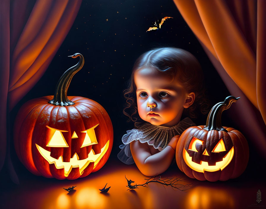 Child sitting between two carved pumpkins at night with spooky curtain, bats, and starry sky.