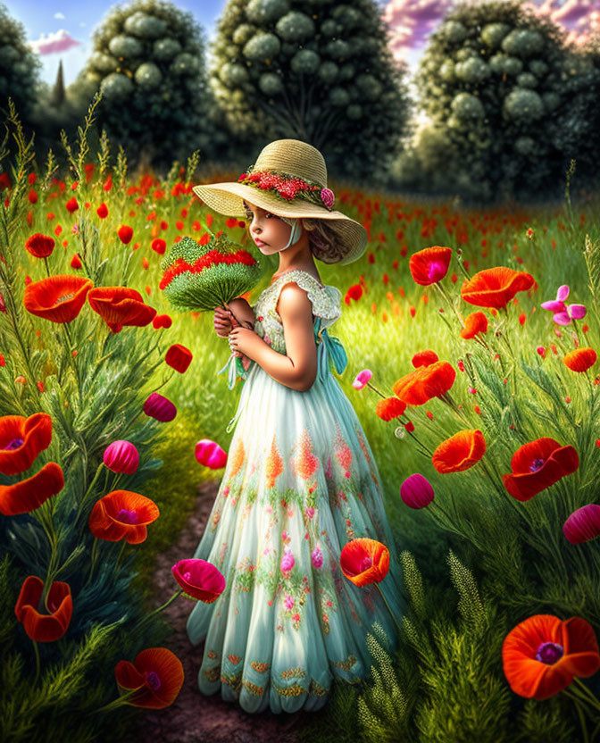 Young girl in flowy dress and straw hat surrounded by poppies and sunlit trees