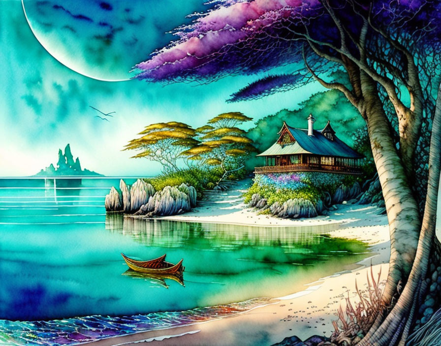 Surreal landscape painting: cottage, lake, boat, trees, moon