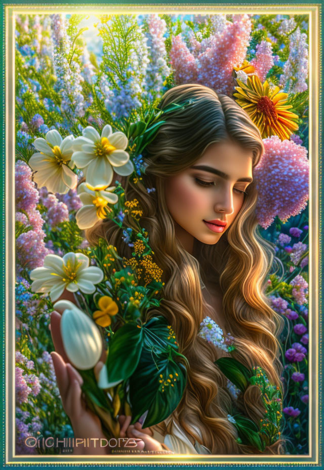 Illustration of young woman with long hair and flowers in lush garden