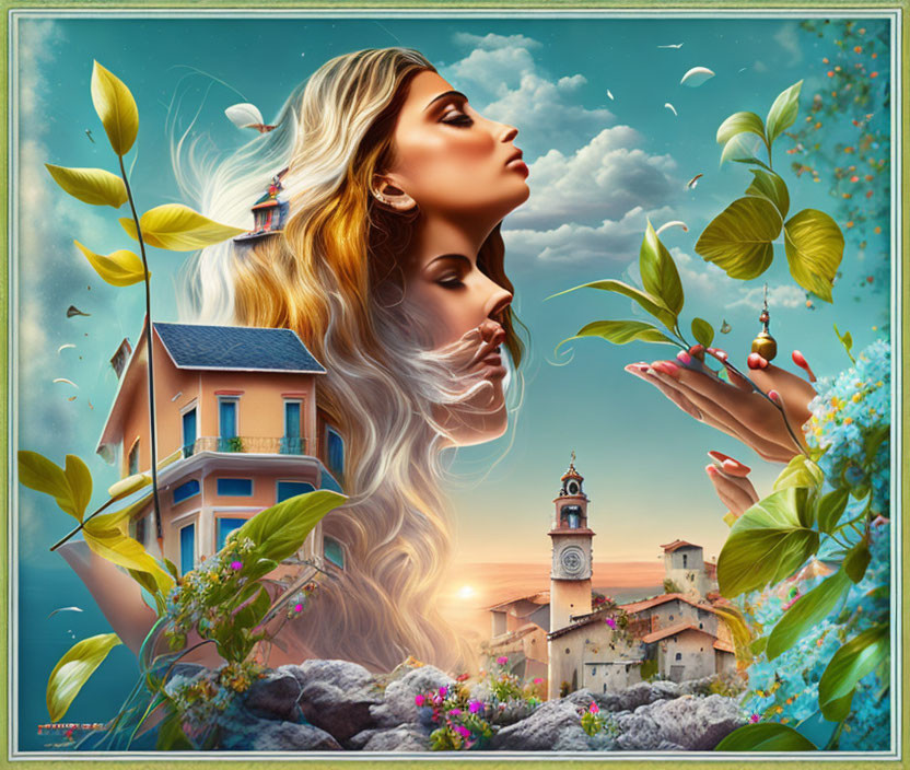 Surreal artwork: Woman profile, whimsical town, butterflies - blue sky